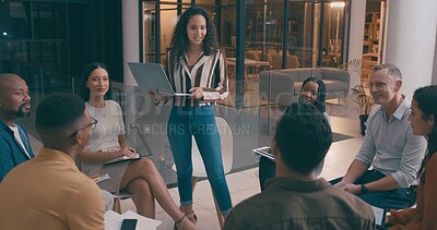 Buy stock photo Coaching, laptop and presentation with business people in office together for education or training. Computer, development and meeting with employee woman talking to colleague group for workshop