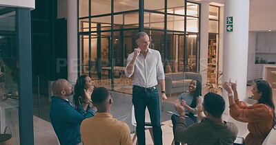 Buy stock photo Man, presentation and applause in meeting, team or conversation with sales company. Profit increase, employees or feedback with congratulations, excited or clapping with achievement and celebration