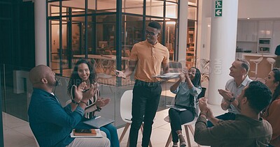 Buy stock photo Man, staff and meeting with applause in office for good news, success and winner at night. People, clapping hands and well done for teamwork, congratulations and recognition for deadline achievement