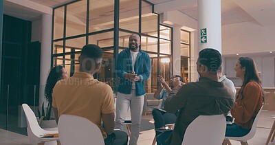 Buy stock photo Creative, people and meeting with applause in office for good news, success and winner at night. Staff, clapping hands and well done with team, congratulations and recognition of deadline achievement