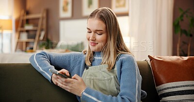 Buy stock photo Phone, happy and woman on sofa in home with networking, contact or texting on mobile app. Smile, technology and female person on cellphone for communication, connectivity or social media in house.