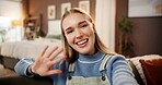 Portrait, video call and woman on sofa in home with communication, contact or networking online. Happy, waving and female person with greeting on virtual conversation in living room at apartment.