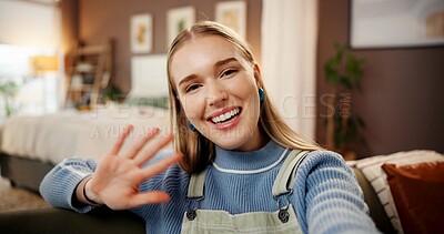 Buy stock photo Portrait, video call and woman on sofa in home with communication, contact or networking online. Happy, waving and female person with greeting on virtual conversation in living room at apartment.