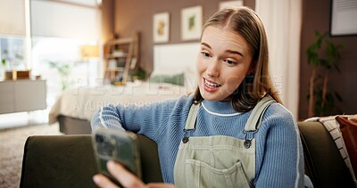 Buy stock photo Cellphone, video call and woman on sofa in home with communication, contact or networking online. Happy, talking and female person with virtual conversation on phone in living room at apartment.