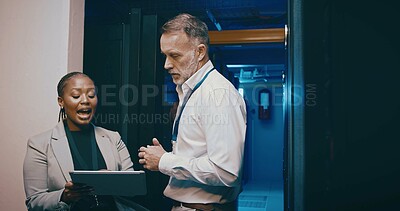 Buy stock photo Conversation, cybersecurity and laptop with people in server room together for network upgrade. Collaboration, computer and explain with tech support team in data center for administration backup