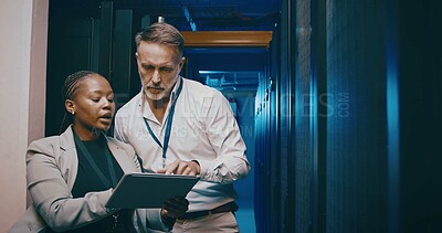 Buy stock photo Tablet, team and people in data center for cybersecurity, system upgrade or IT. Discussion, tech and engineer in server room for network diagnostics, planning maintenance or ai training with mentor