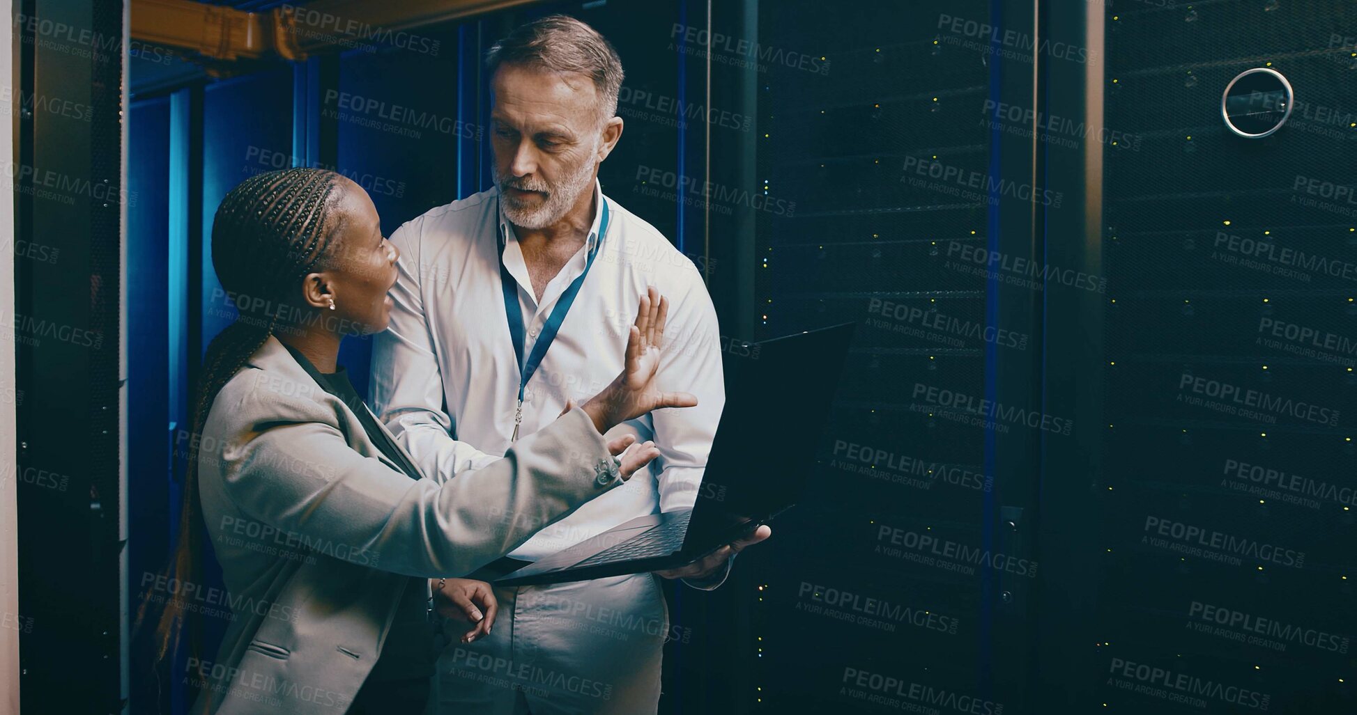 Buy stock photo People, laptop and server room with cyber security, maintenance and inspection with engineering. IT specialist, pc and teamwork with programming, system solution or feedback for hardware upgrade