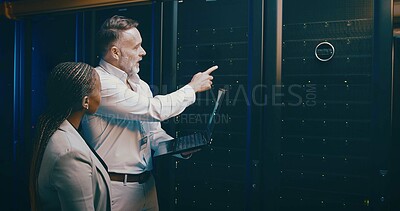 Buy stock photo People, cyber security and laptop in server room, pointing and programming with teamwork. IT specialist, technical support and employees with hardware upgrade, problem solving and inspection with PC