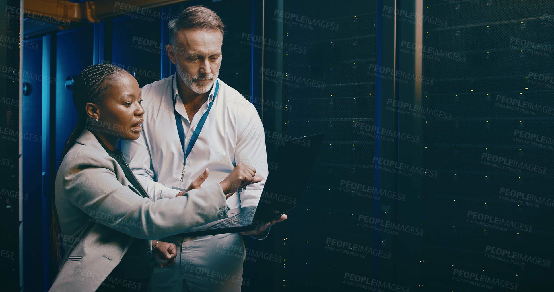 Buy stock photo People, laptop or server room with cyber security, inspection or feedback with engineering. IT specialist, pc or employees with programming, conversation or teamwork with online safety or data center