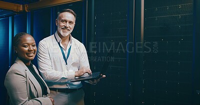 Buy stock photo Portrait, tablet and people in server room, cyber security and teamwork with system solution. IT specialist, inspection and employees with tech, data center and hardware upgrade with online safety
