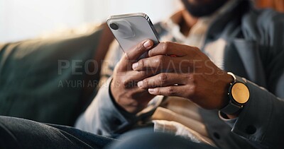 Buy stock photo Sofa, phone and hands of man on social media, online connection and text message on weekend. Living room, relaxing and person typing on smartphone for website, contact and communication in home
