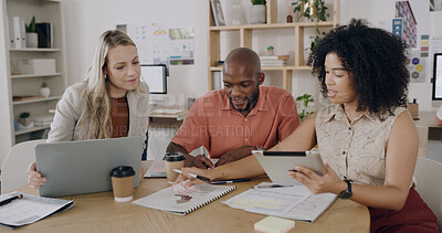 Buy stock photo Media agency, laptop and people in meeting, brainstorming and feedback for news report. Magazine editor, journalists and employees with planning, teamwork or tech with proposal for article and blog