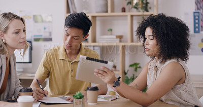 Buy stock photo Paperwork, meeting or editorial team with tablet in creative agency, article feedback or changes for feature. Magazine, publication, people and review digital draft for grammar, fact checking or tech