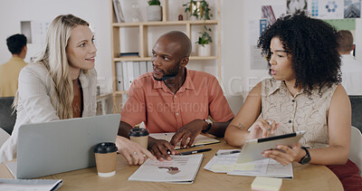 Buy stock photo Collaboration, documents and laptop with team in design workplace for planning or project management. Computer, meeting and paperwork with designer people in coworking office for development