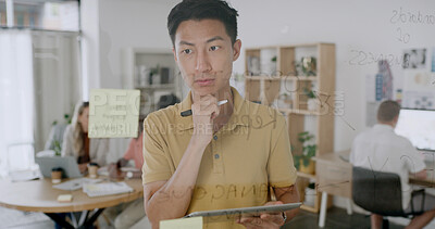 Buy stock photo Glass wall, thinking and business man with tablet, planning schedule and brand consultant with idea. Tech, sticky note and person with creative brainstorming, campaign strategy or coworking in office