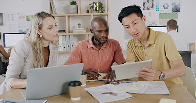 Buy stock photo Laptop, meeting and tablet with team in design workplace for planning or project management. App, conversation and diversity with designer people in coworking office for creative development