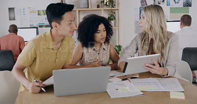 Buy stock photo Design, laptop and tablet with team meeting in workplace for planning or project management. App, collaboration and conversation with designer people in coworking office for creative development