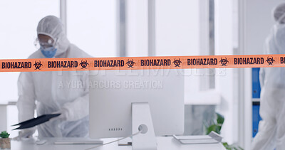 Buy stock photo Biohazard tape, risk and people in office for safety, cleaning and warning for virus outbreak. PPE, hazmat suit and team with barrier for emergency, caution and crisis with danger, service and alert
