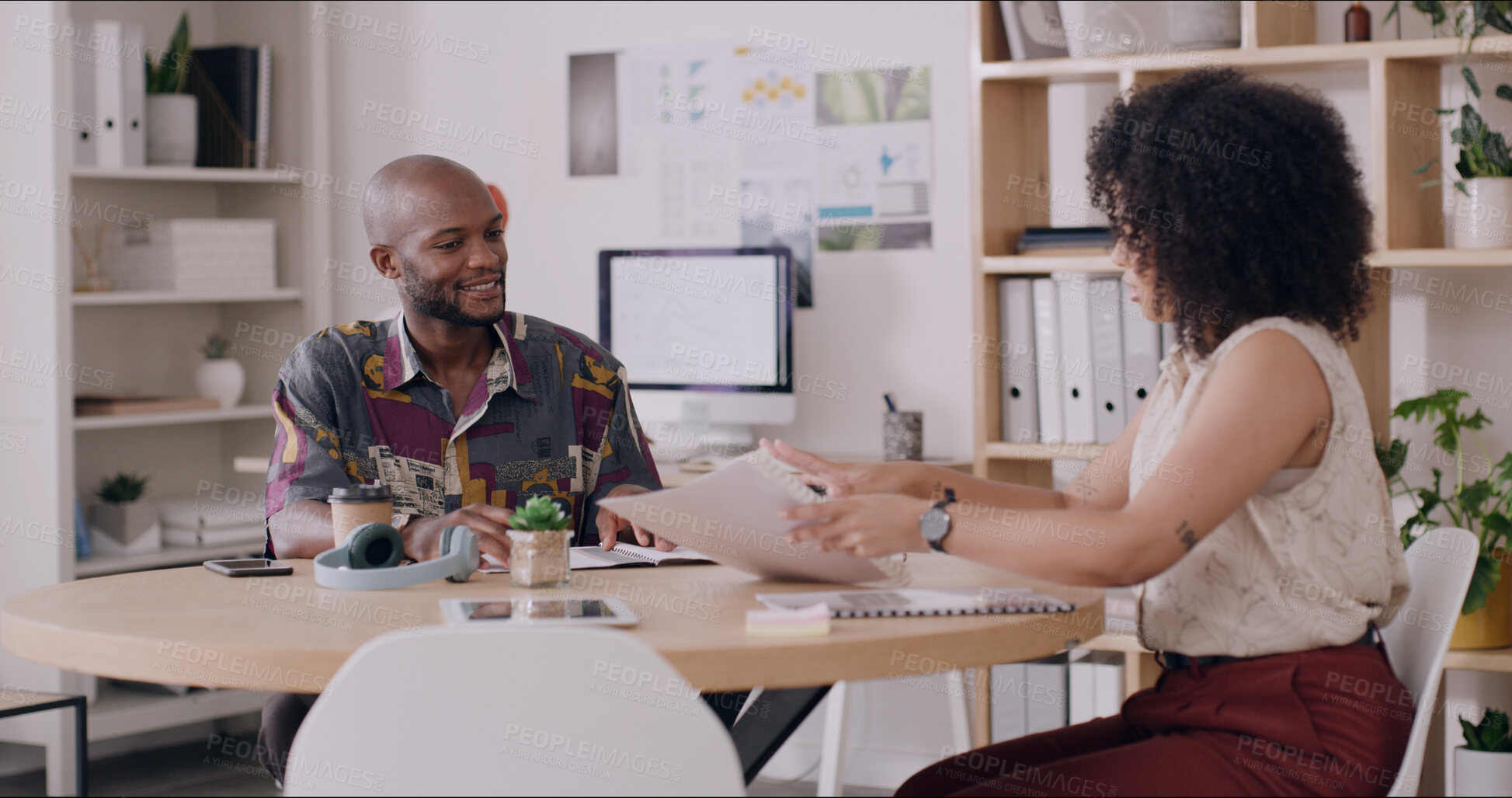 Buy stock photo Paperwork, creative agency or people in meeting, article feedback and publication Journalists, man and woman in office, brainstorming and changes for feature, magazine and review manuscript draft