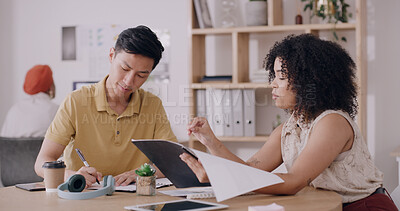 Buy stock photo Documents, media agency or people in meeting, brainstorming and fact check. Journalists, man and woman in office, publication and magazine editor with ideas, planning and review manuscript draft