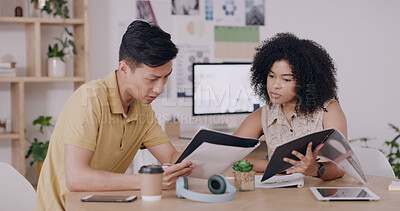 Buy stock photo Documents, creative agency or people with planning, article feedback and fact check for news report. Journalists, man and woman with publication, review proposal or brainstorming with magazine editor