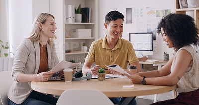 Buy stock photo Editorial team, meeting or document in creative agency, article feedback and changes for magazine feature. Publication, people and review content draft for grammar check, collaboration and discussion