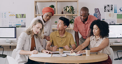 Buy stock photo Editorial team, meeting or paperwork in creative agency, article feedback or changes for magazine feature. Publication, people or review content draft for grammar check, tips or ideas on sticky notes