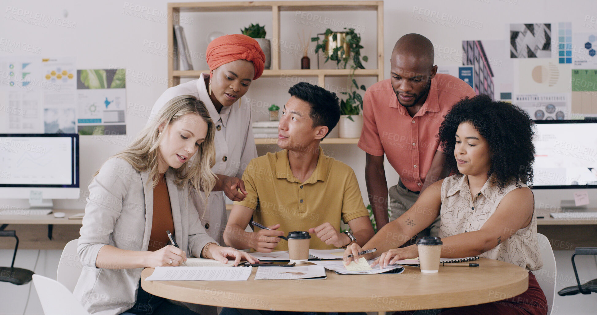 Buy stock photo Editorial team, meeting or paperwork in creative agency, article feedback or changes for magazine feature. Publication, people or review content draft for grammar check, tips or ideas on sticky notes