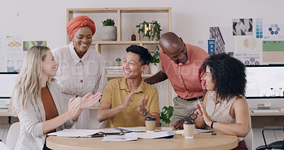 Buy stock photo People, applause and excited with team, graphic design and support for achievement, goals or success. Group, men and women with celebration, motivation or smile for project funding at creative agency
