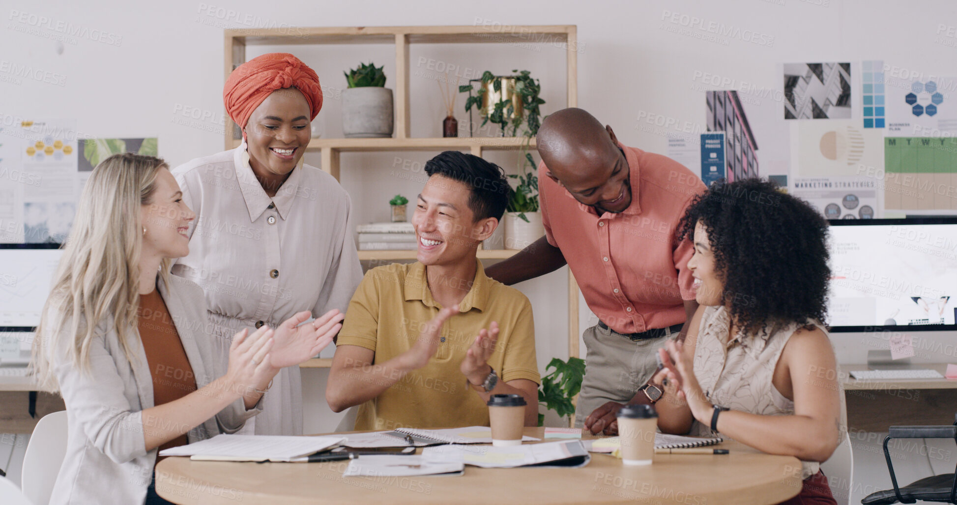 Buy stock photo People, applause and excited with team, graphic design and support for achievement, goals or success. Group, men and women with celebration, motivation or smile for project funding at creative agency