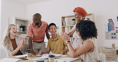 Buy stock photo People, applause and success with team, graphic design and support for goal achievement at startup. Group, men and women with celebration, motivation or smile for project funding at creative agency