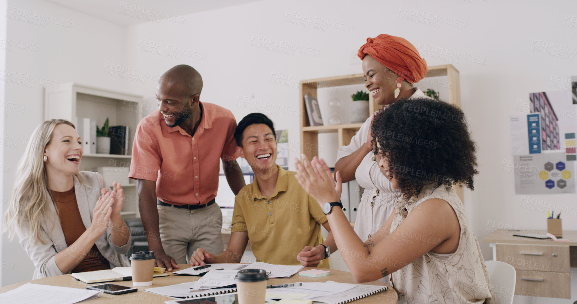 Buy stock photo People, applause and success with team, graphic design and support for goal achievement at startup. Group, men and women with celebration, motivation or smile for project funding at creative agency