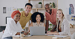 Portrait, people and meeting with laptop in office with career pride, about us and graphic designer. Smile, staff and pc for collaboration, marketing team and project management for company branding