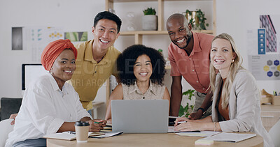 Buy stock photo Portrait, people and meeting with laptop in office with career pride, about us and graphic designer. Smile, staff and pc for collaboration, marketing team and project management for company branding