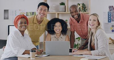 Buy stock photo Portrait, creative and people with laptop in office with career pride, about us and graphic designer. Smile, staff and pc for collaboration, marketing team and project management for company branding