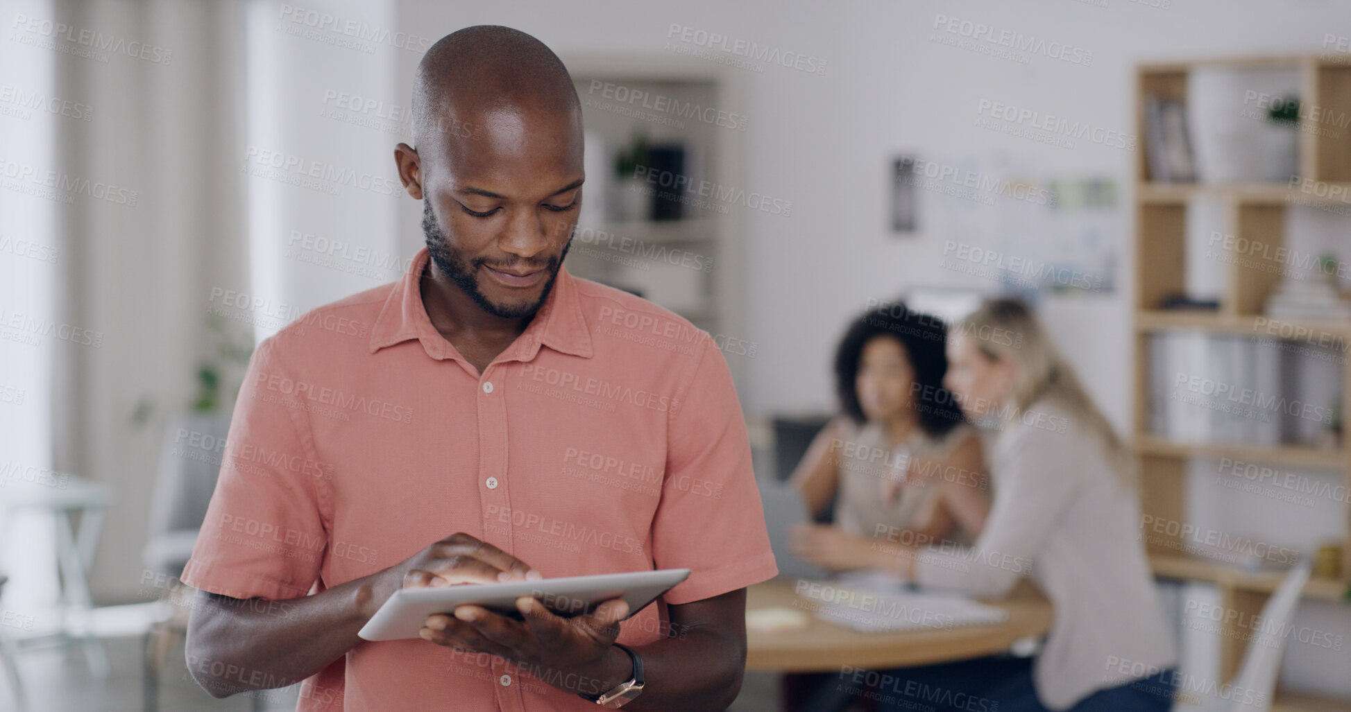 Buy stock photo Leader, online and man with tablet, meeting and scroll for campaign results on social media and web. Marketing manager, research and people with tech for brand awareness, project and team in office