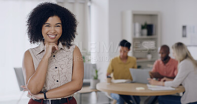 Buy stock photo Portrait, creative and woman with smile in office for career pride, about us and real estate. Happy, female person and meeting with confidence, internship and project management for interior designer