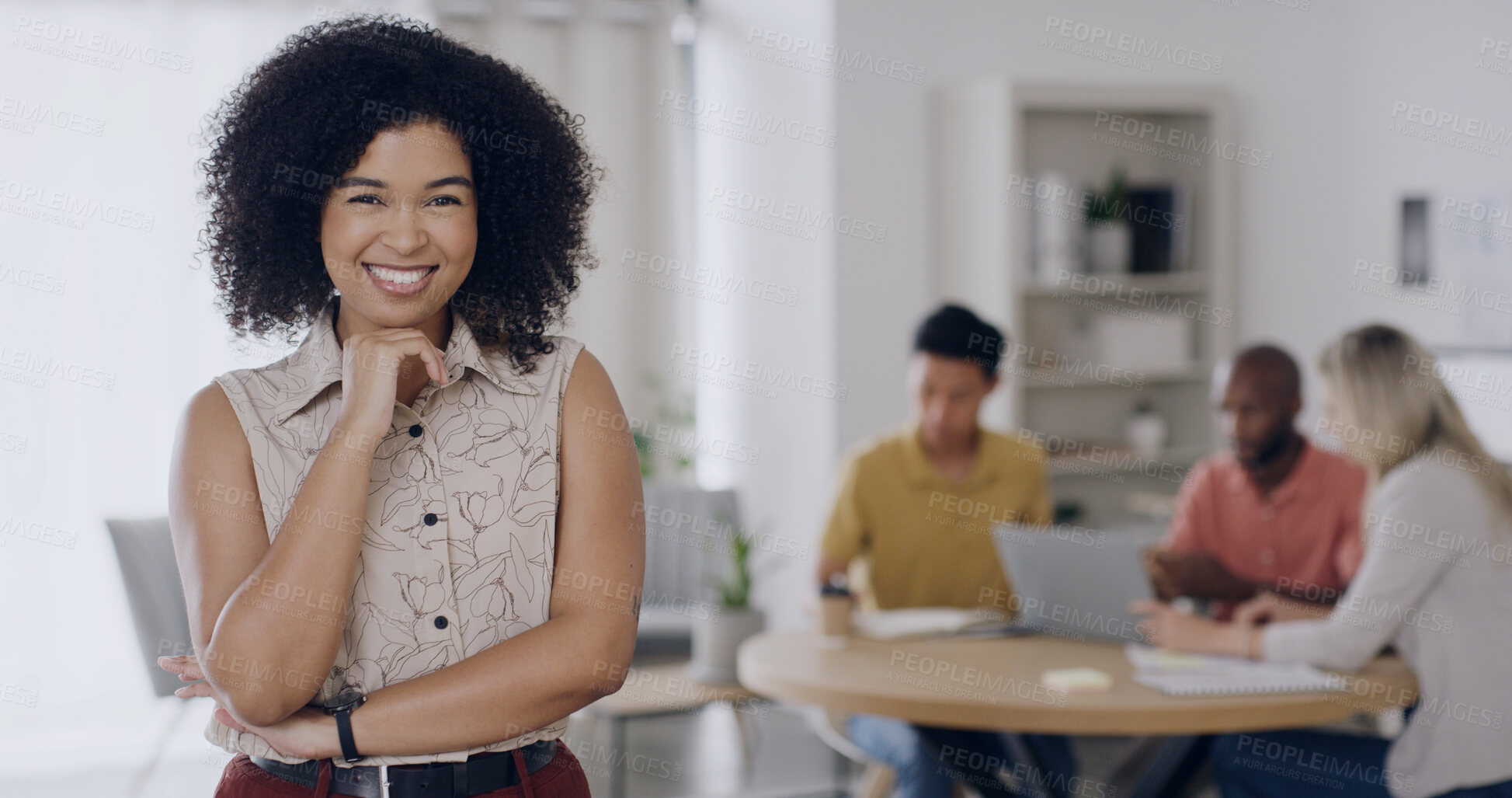 Buy stock photo Portrait, creative and woman with smile in office for career pride, about us and real estate. Happy, female person and meeting with confidence, internship and project management for interior designer