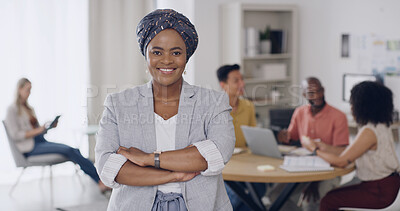 Buy stock photo Portrait, happy and creative woman with arms crossed for career pride, about us and real estate. Smile, female person and ambition in meeting, internship and project manager for interior designer