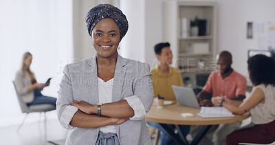 Buy stock photo Portrait, arms crossed and business owner with woman in office for publisher, about us and smile. Confidence, entrepreneur and media marketing with person in startup agency for magazine editor