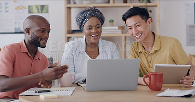 Buy stock photo Media agency, laptop and people in meeting, happiness and feedback for news report. Magazine editor, journalists and smile in office, cooperation or tech for editing, proposal and submission approval