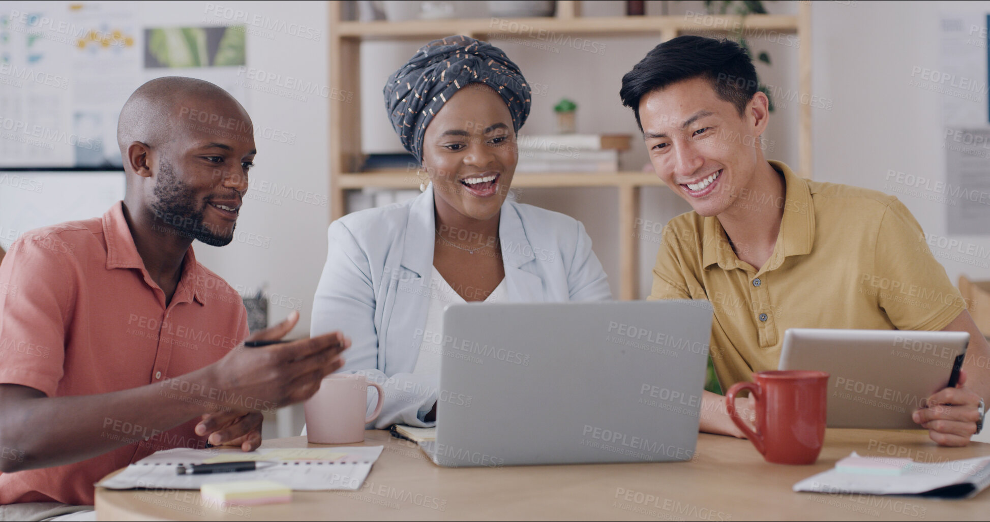 Buy stock photo Media agency, laptop and people in meeting, happiness and feedback for news report. Magazine editor, journalists and smile in office, cooperation or tech for editing, proposal and submission approval