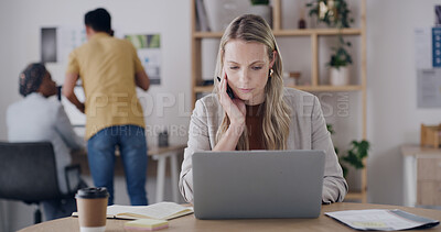 Buy stock photo Business woman, laptop and reading for creativity, article comparison or review in creative office. Journalist, typing or tech in agency for website update, topic research or paperwork for planning