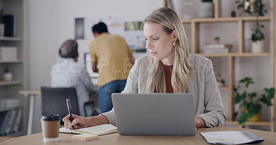 Buy stock photo Business woman, laptop and notebook for creativity, article comparison or review in creative office. Journalist, typing or tech in agency for website update, topic research or paperwork for planning