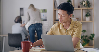 Buy stock photo Media agency, writing and man with laptop, planning and check grammar for news report. People, deadline and journalist with pc, notebook and magazine editor with schedule and research for article