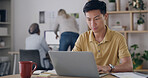 Media agency, typing and man with laptop, online reading and check facts for news report. People, creativity and journalist with pc, internet and magazine editor with email and research for article