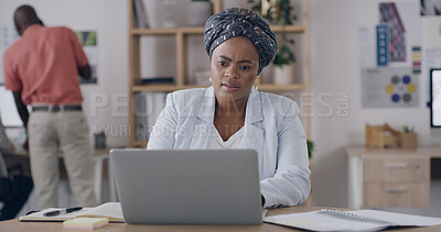 Buy stock photo Woman, laptop and typing at startup with design review, notes and insight with project management. Person, computer and solution with editing, proposal or report in workplace at creative agency