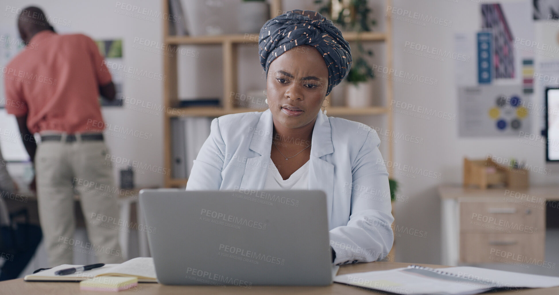 Buy stock photo Woman, laptop and typing at startup with design review, notes and insight with project management. Person, computer and solution with editing, proposal or report in workplace at creative agency