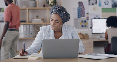 Buy stock photo Media agency, writing and woman with laptop, planning and check facts for news report. People, creativity and journalist with pc, notebook and magazine editor with deadline and research for article
