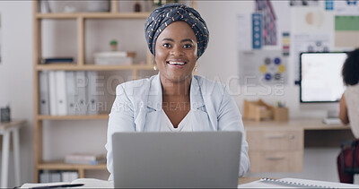 Buy stock photo Laptop, portrait and woman in office with research for creative project with email on website. Smile, tech and female magazine editor working on article with publishing online at startup agency.